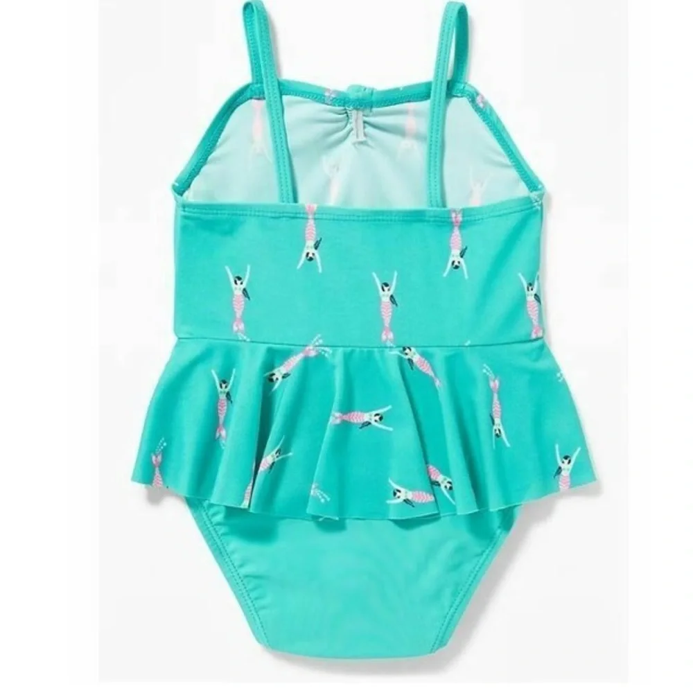 10/$40 VGUC Mermaid Print Toddler One Piece Peplum Turquoise Ruffled Swimsuit_2